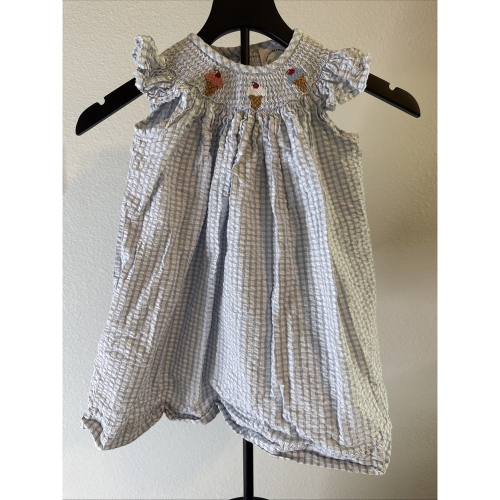 JoJo Maman Bébé Baby Girl Seersucker Stripe Dress 6–12M Embroidered Strawberries